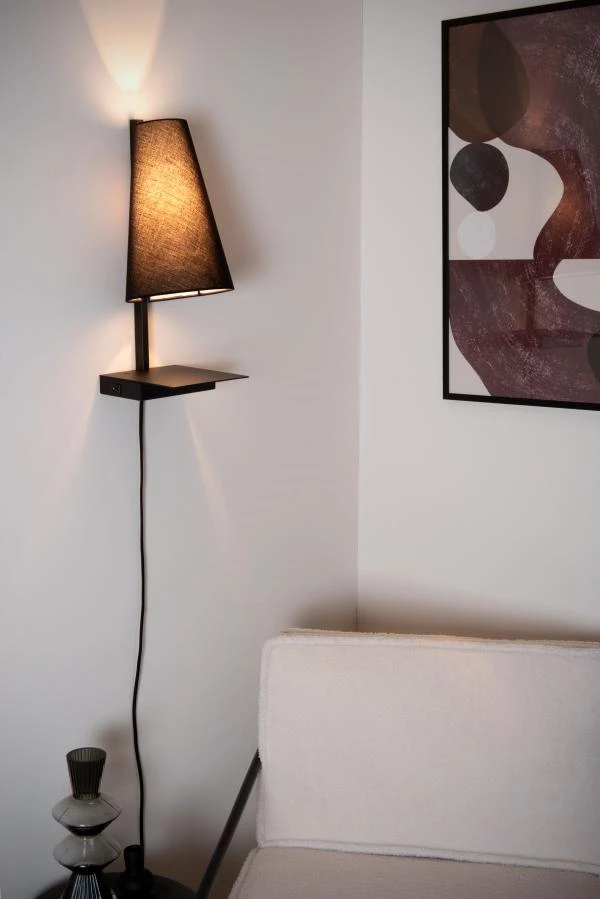 Lucide GREGORY - Bedside lamp / Wall light - 1xE27 - With USB charging point - Black - atmosphere 1